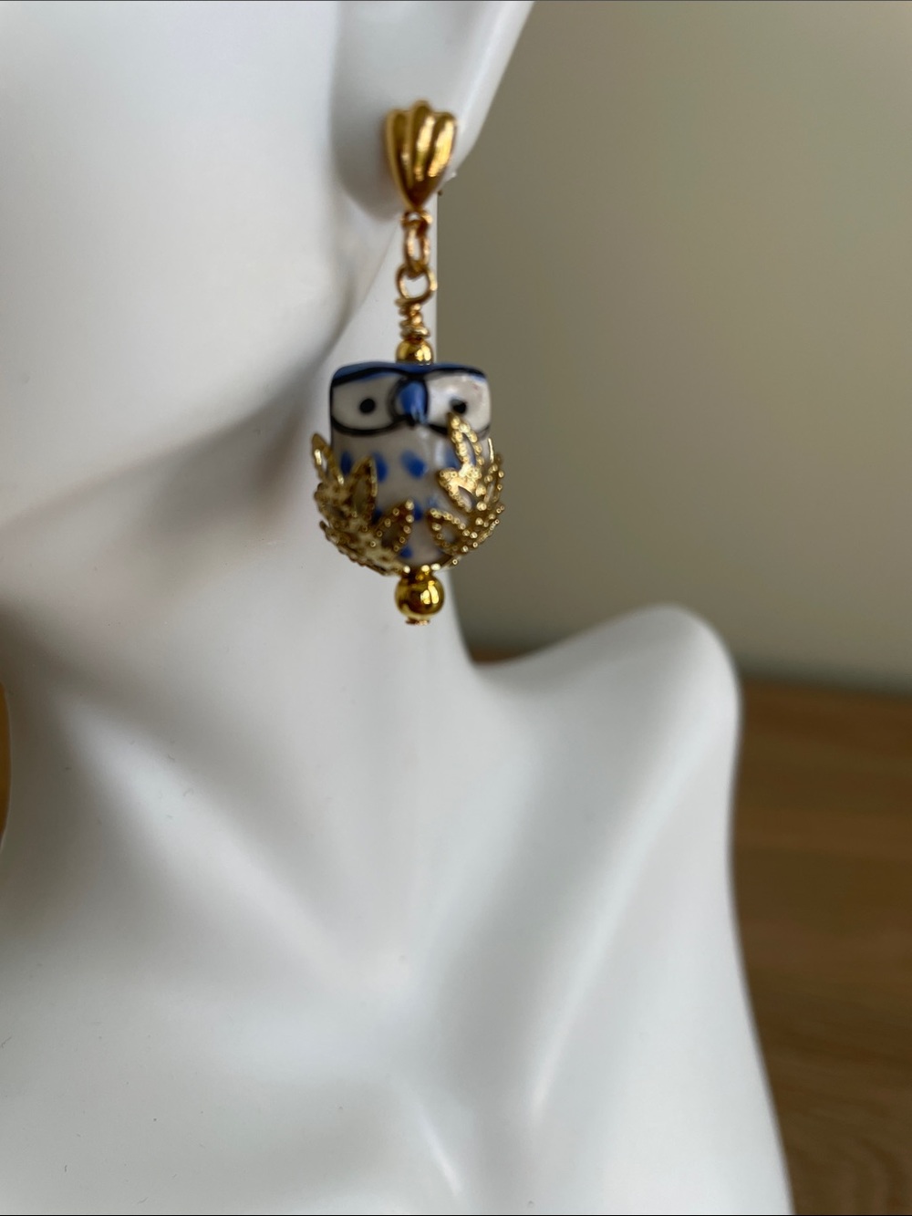 HAND CRAFTED WHIMSICAL CERAMIC BLUE OWL in a NEST EARRINGS Dangle Drop Novelty - Picture 2 of 7